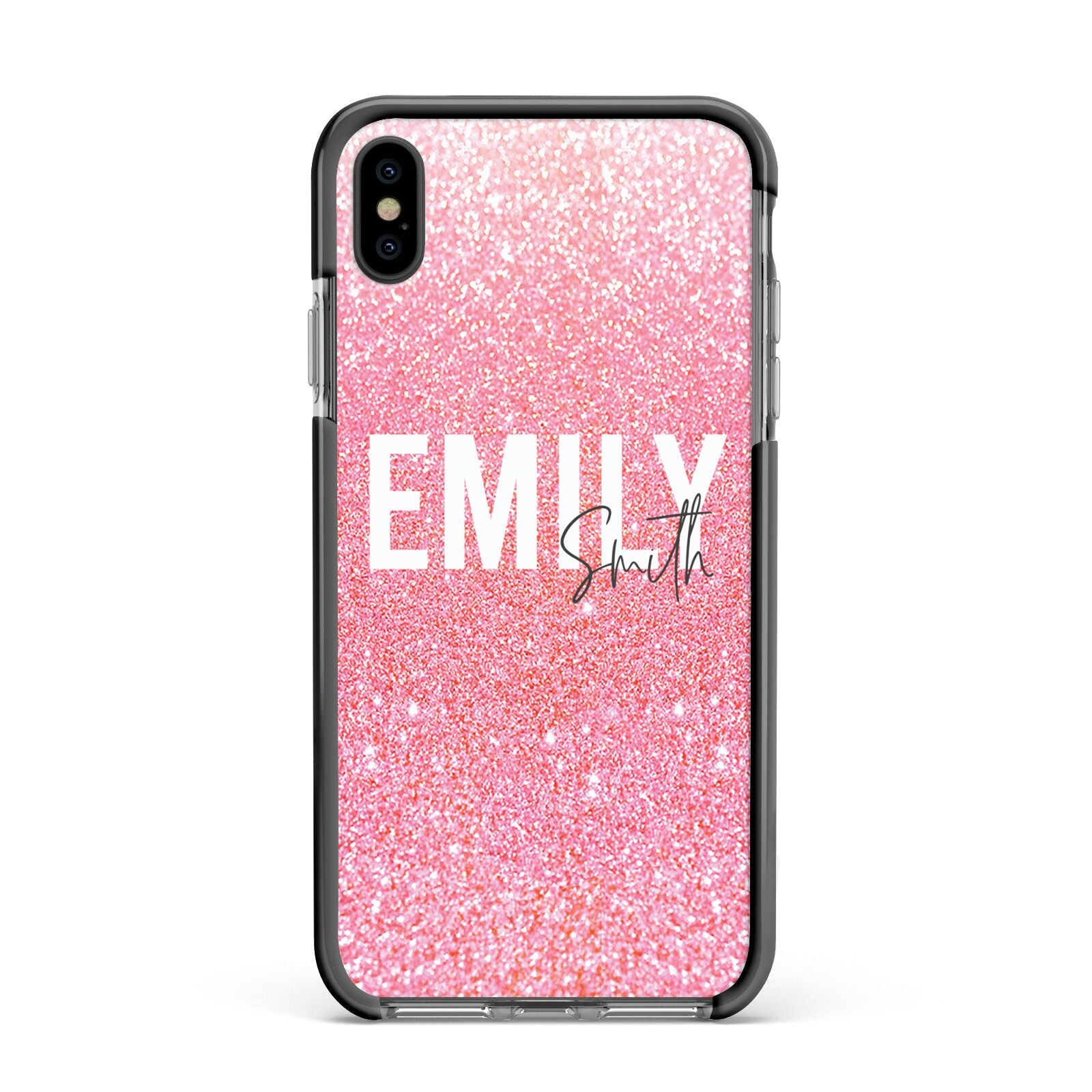 Personalised Pink Glitter White Name Apple iPhone Xs Max Impact Case Black Edge on Black Phone