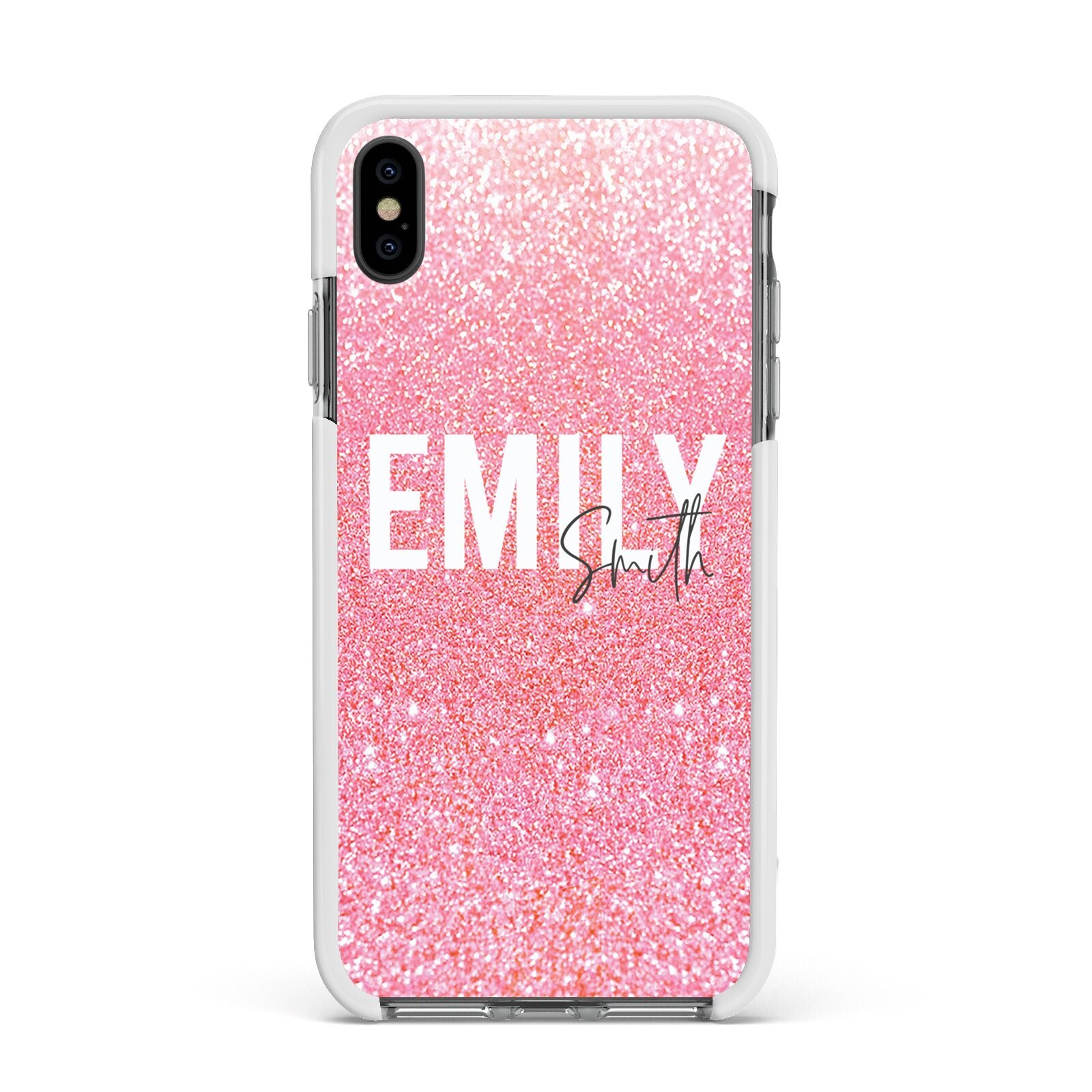 Personalised Pink Glitter White Name Apple iPhone Xs Max Impact Case White Edge on Black Phone