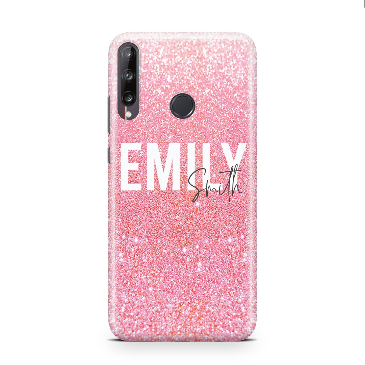 Personalised Pink Glitter White Name Huawei P40 Lite E Phone Case