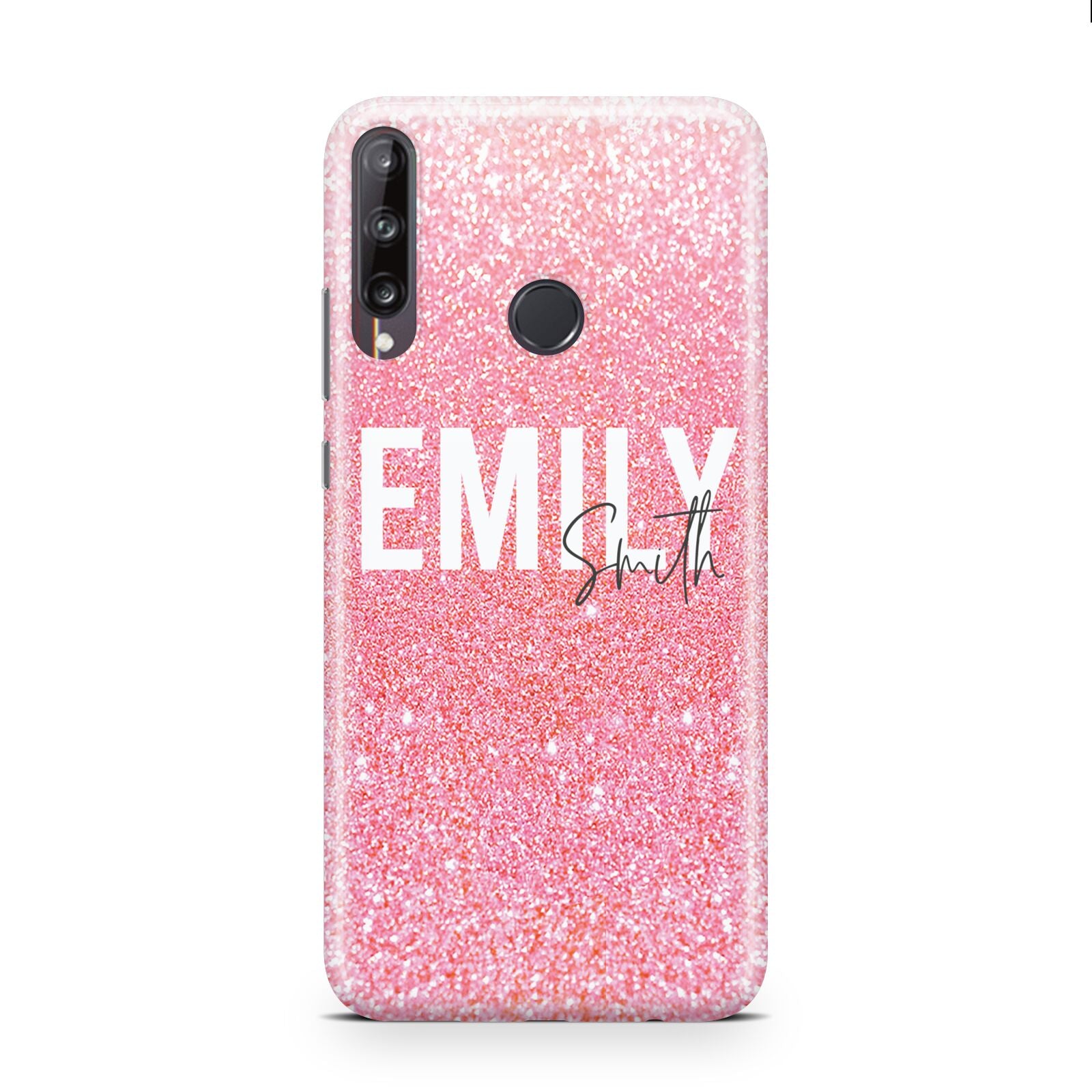 Personalised Pink Glitter White Name Huawei P40 Lite E Phone Case