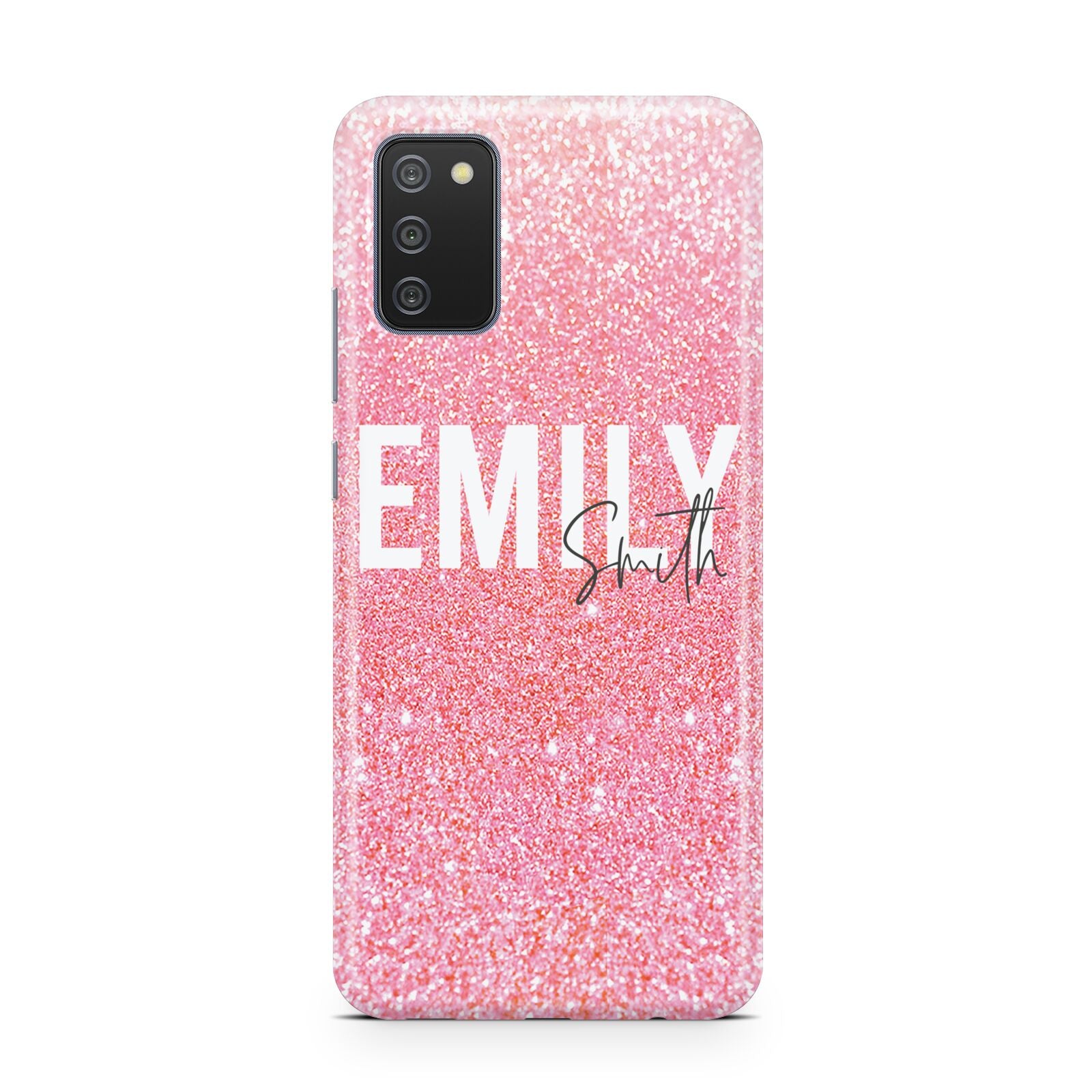 Personalised Pink Glitter White Name Samsung A02s Case