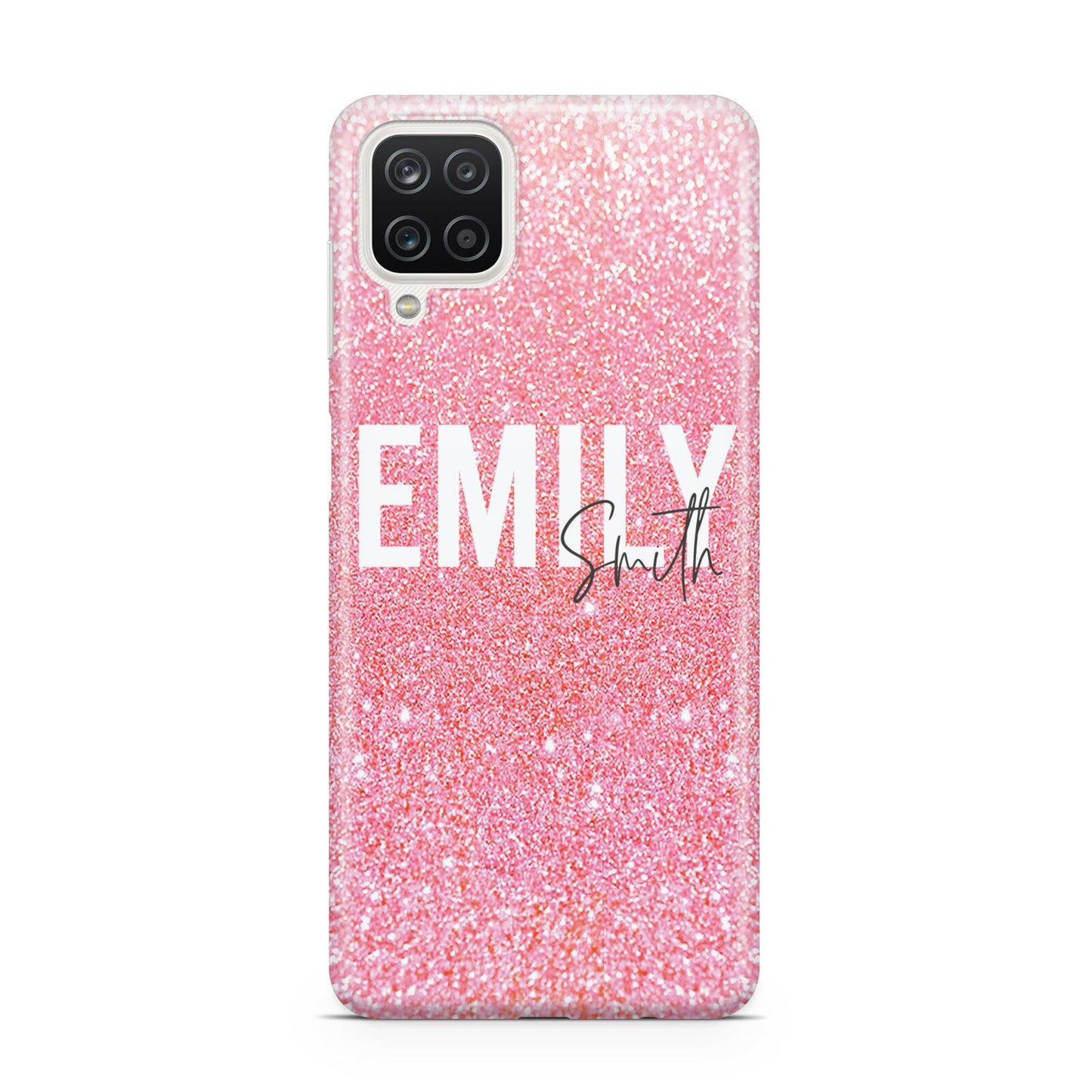 Personalised Pink Glitter White Name Samsung A12 Case