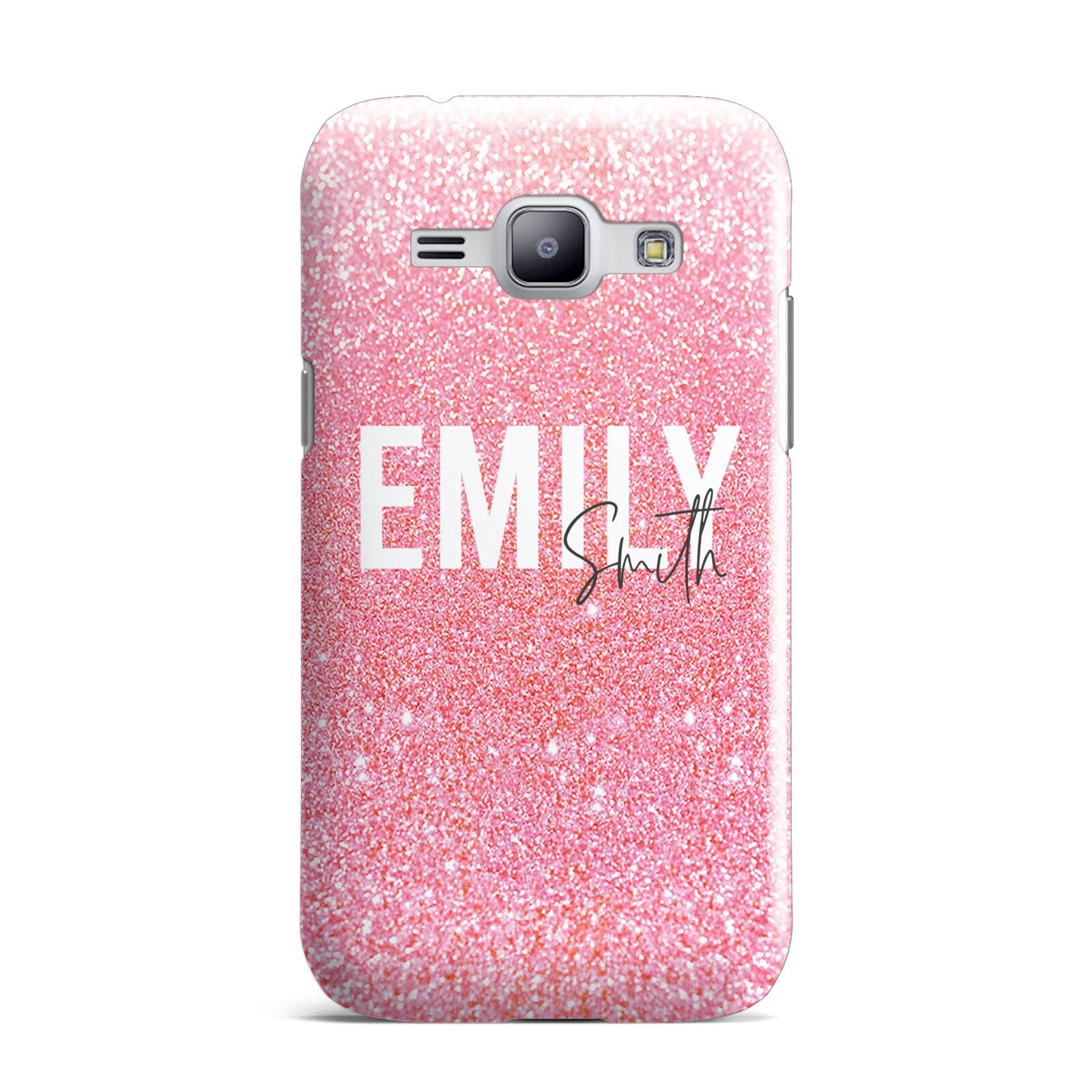 Personalised Pink Glitter White Name Samsung Galaxy J1 2015 Case