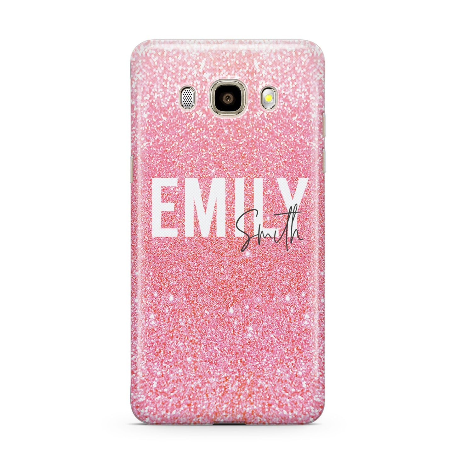 Personalised Pink Glitter White Name Samsung Galaxy J7 2016 Case on gold phone