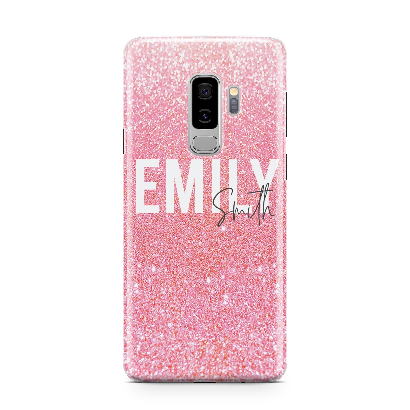 Personalised Pink Glitter White Name Samsung Galaxy S9 Plus Case on Silver phone