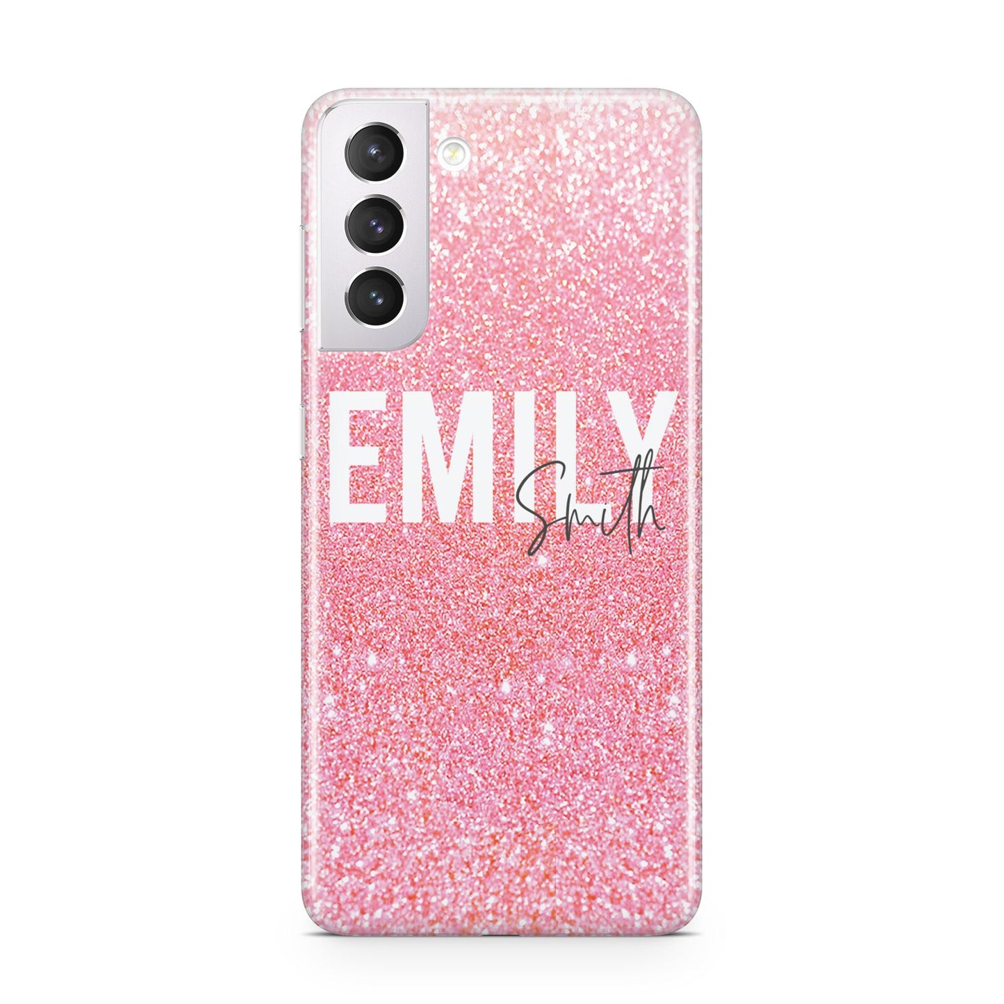 Personalised Pink Glitter White Name Samsung S21 Case