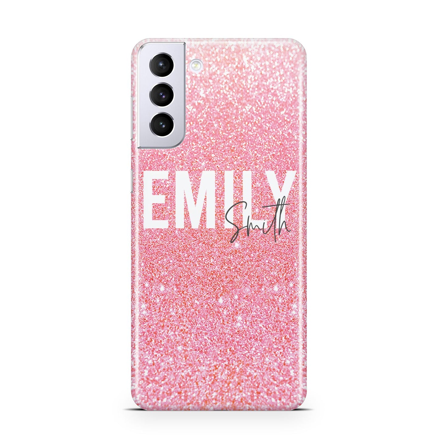 Personalised Pink Glitter White Name Samsung S21 Plus Case