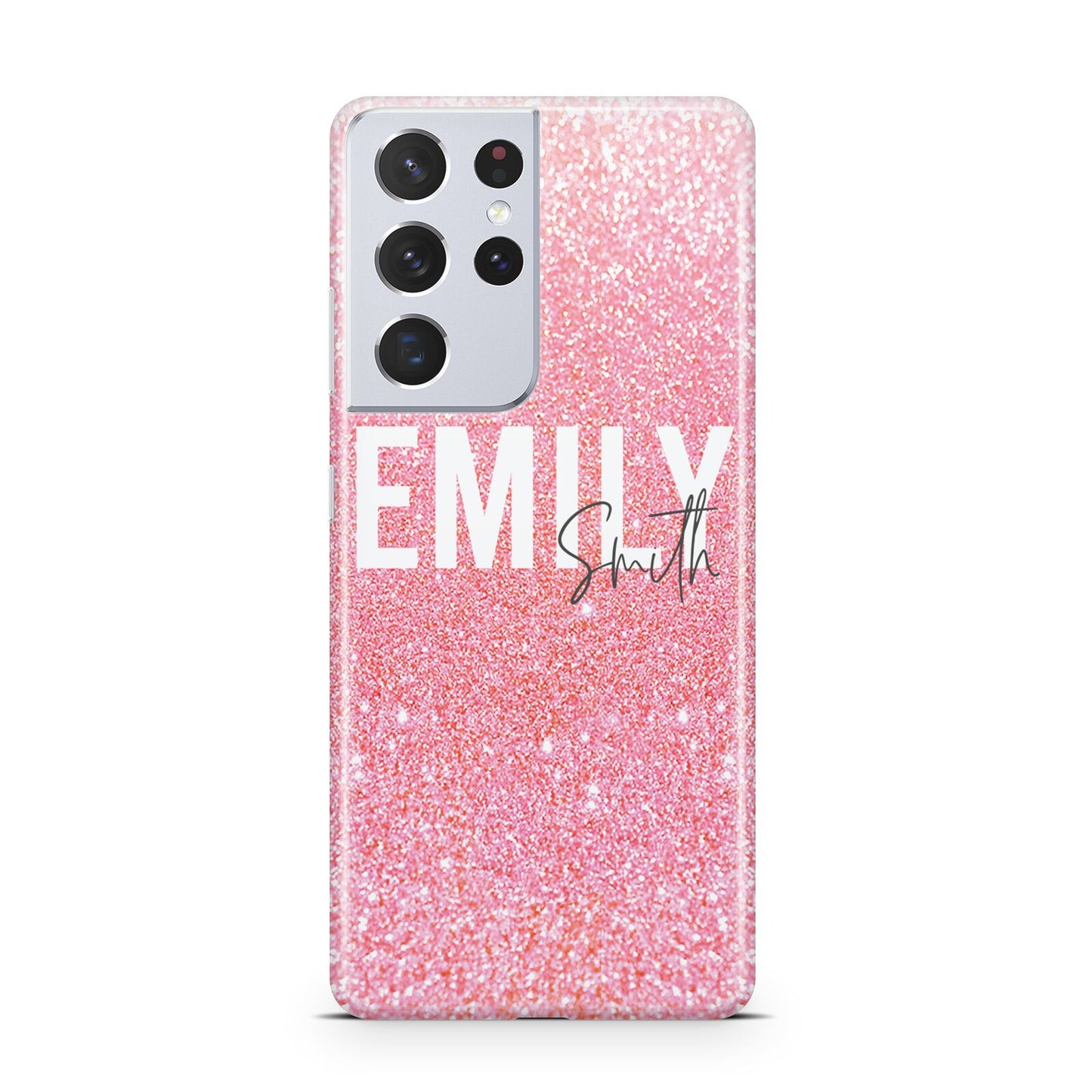 Personalised Pink Glitter White Name Samsung S21 Ultra Case