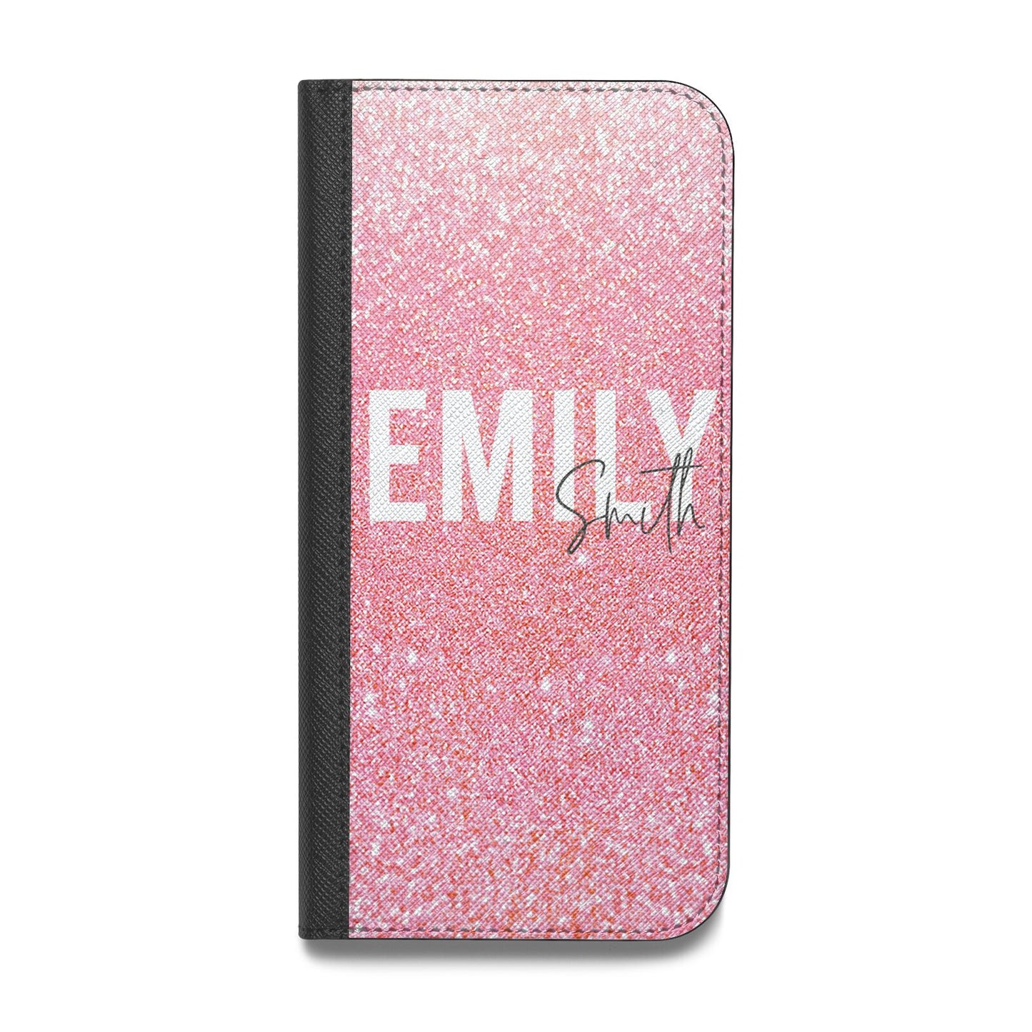 Personalised Pink Glitter White Name Vegan Leather Flip iPhone Case