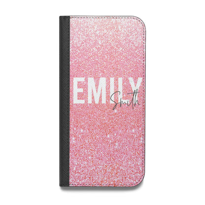 Personalised Pink Glitter White Name Vegan Leather Flip iPhone Case