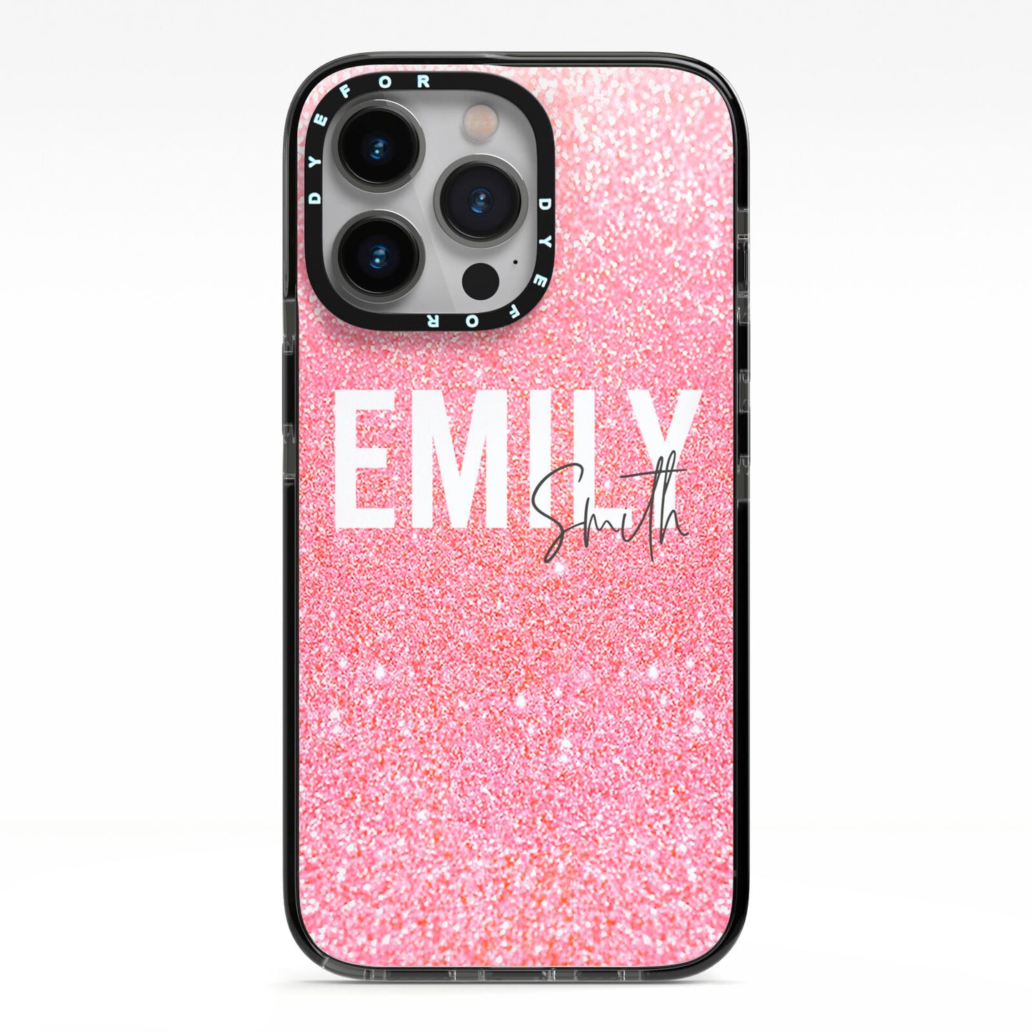 Personalised Pink Glitter White Name iPhone 13 Pro Black Impact Case on Silver phone