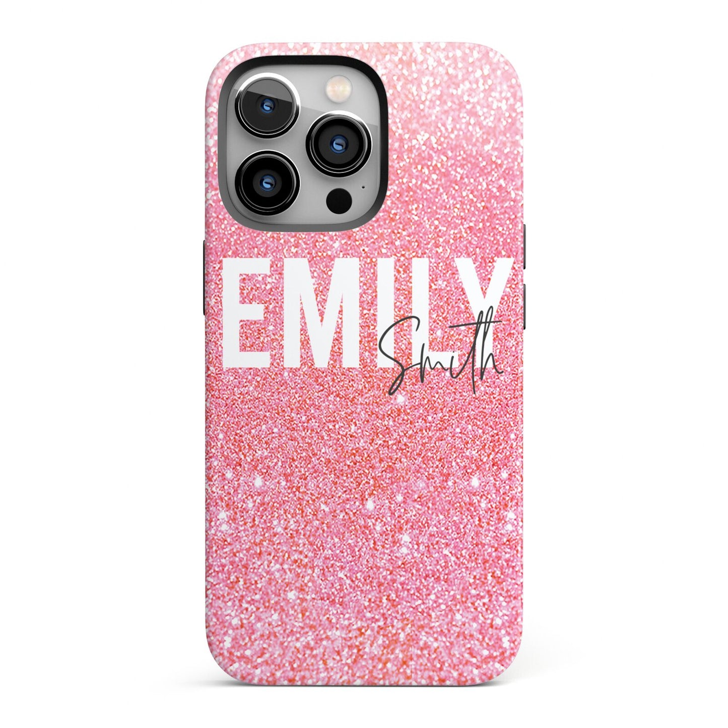 Personalised Pink Glitter White Name iPhone 13 Pro Full Wrap 3D Tough Case