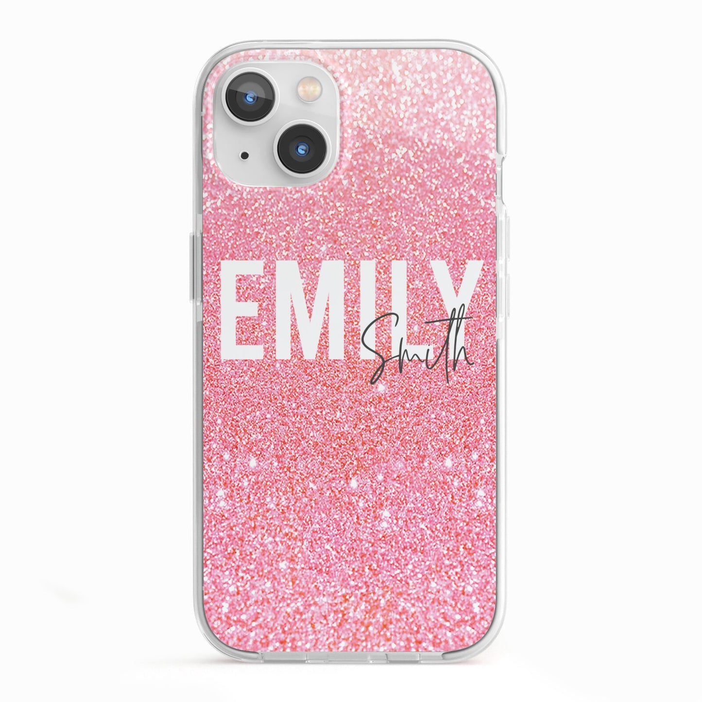 Personalised Pink Glitter White Name iPhone 13 TPU Impact Case with White Edges