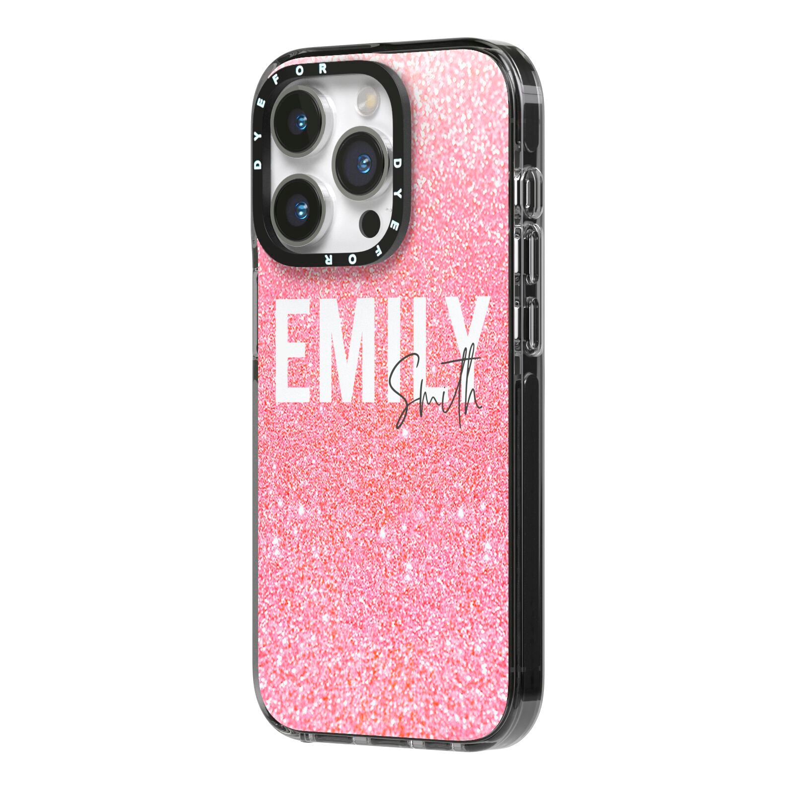 Personalised Pink Glitter White Name iPhone 14 Pro Black Impact Case Side Angle on Silver phone