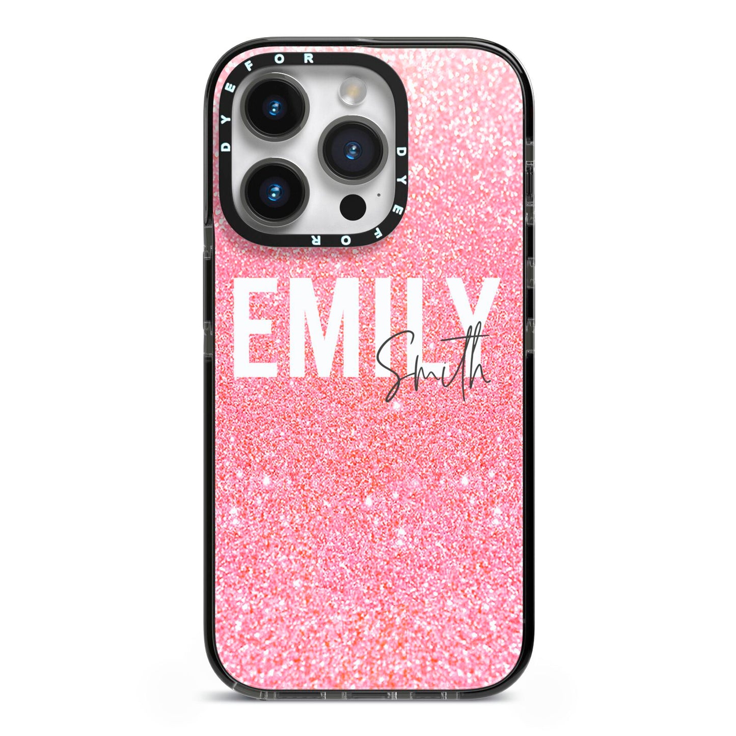 Personalised Pink Glitter White Name iPhone 14 Pro Black Impact Case on Silver phone