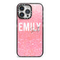 Personalised Pink Glitter White Name iPhone 14 Pro Max Black Impact Case on Silver phone