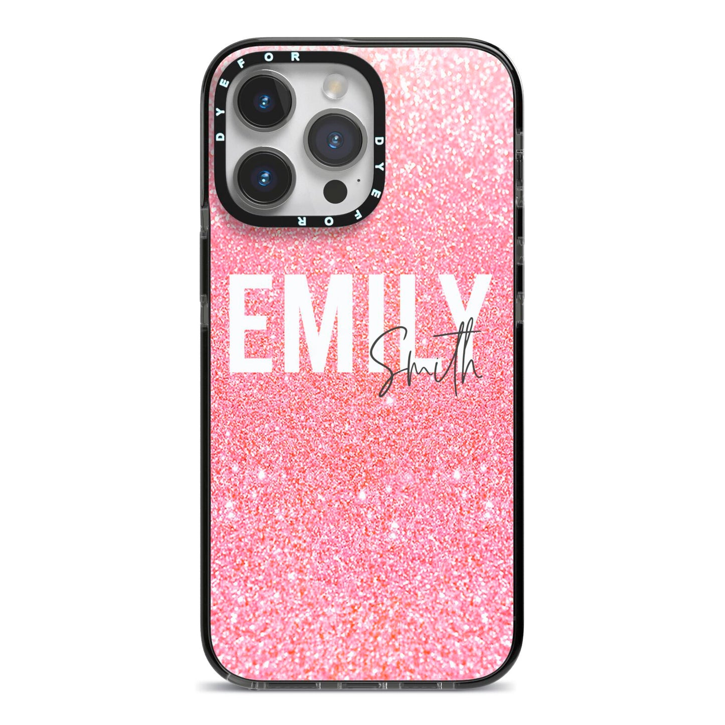 Personalised Pink Glitter White Name iPhone 14 Pro Max Black Impact Case on Silver phone