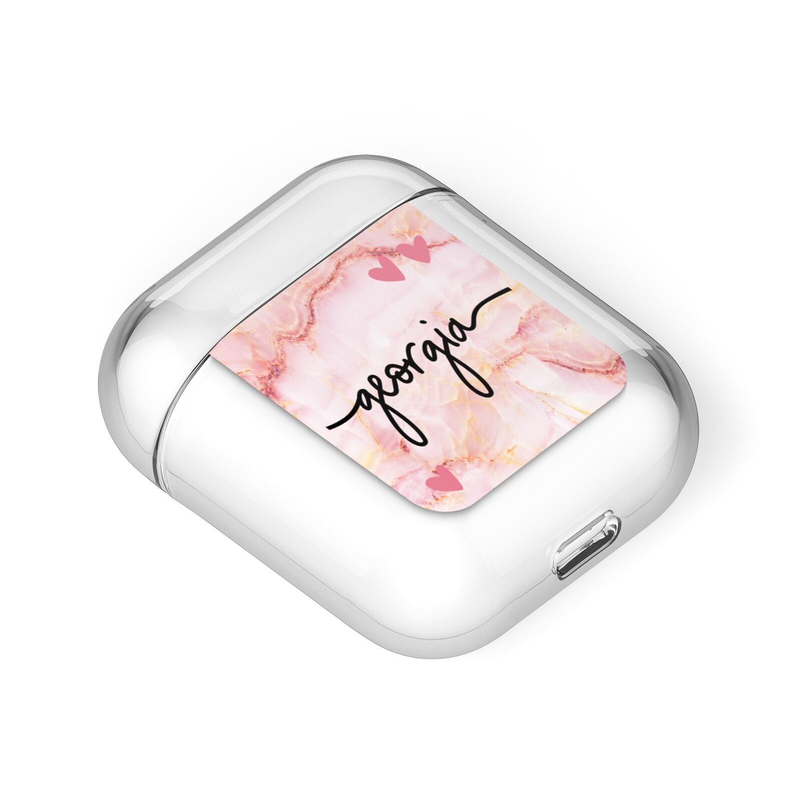 Personalised Pink Gold Agate Handwriting Text AirPods Case Laid Flat