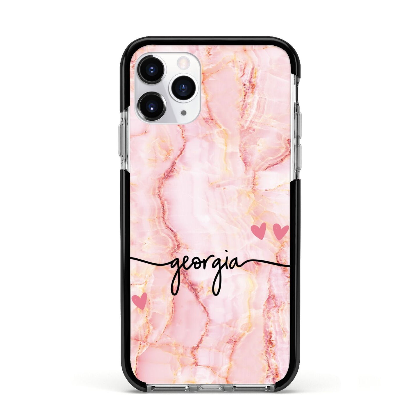 Personalised Pink Gold Agate Handwriting Text Apple iPhone 11 Pro in Silver with Black Impact Case