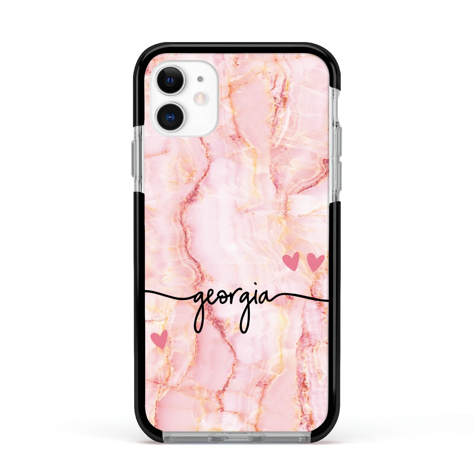 Personalised Pink Gold Agate Handwriting Text Apple iPhone 11 in White with Black Impact Case