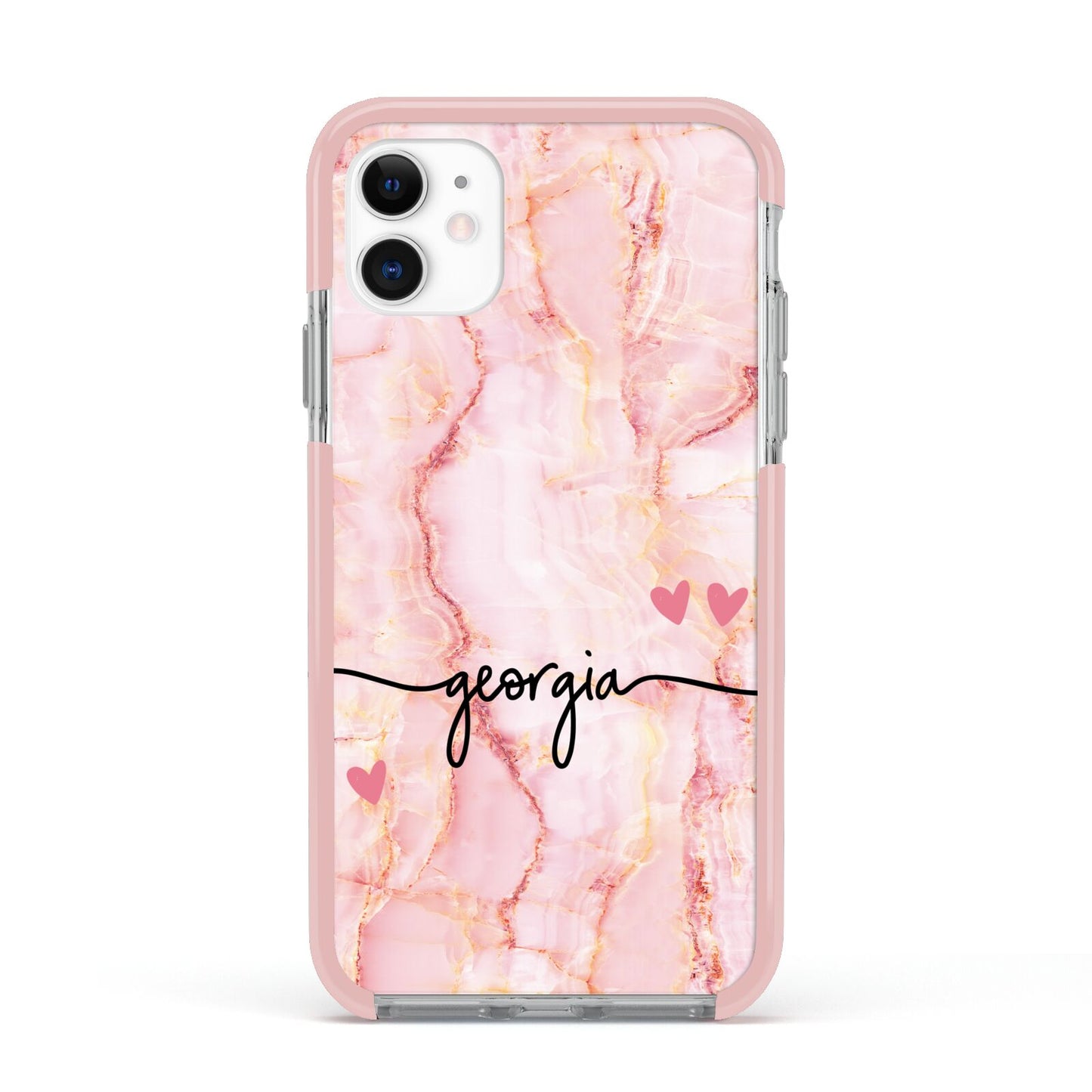 Personalised Pink Gold Agate Handwriting Text Apple iPhone 11 in White with Pink Impact Case
