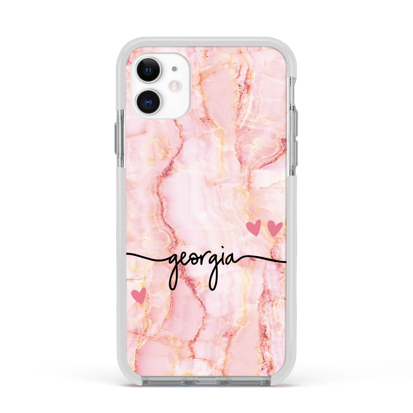 Personalised Pink Gold Agate Handwriting Text Apple iPhone 11 in White with White Impact Case