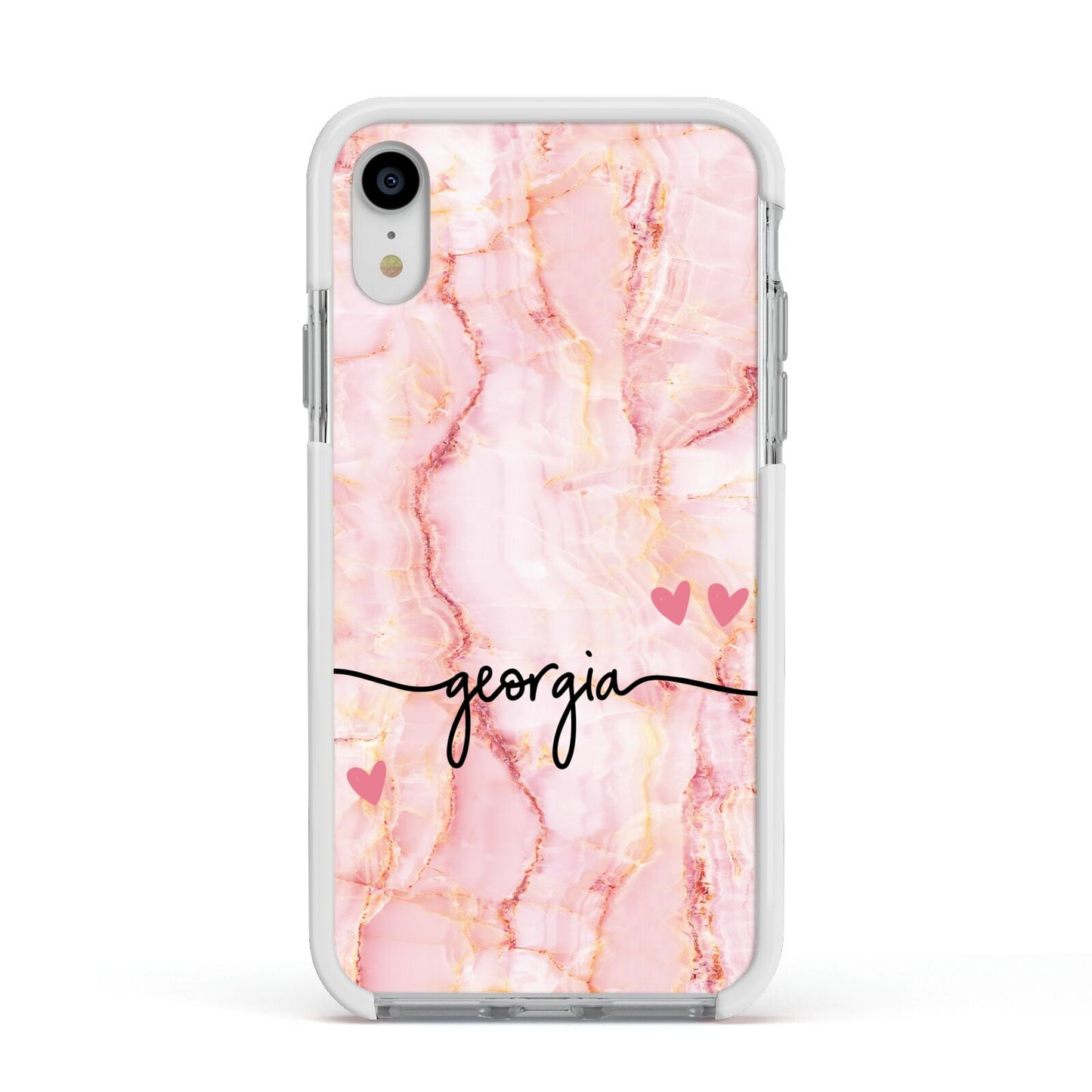 Personalised Pink Gold Agate Handwriting Text Apple iPhone XR Impact Case White Edge on Silver Phone
