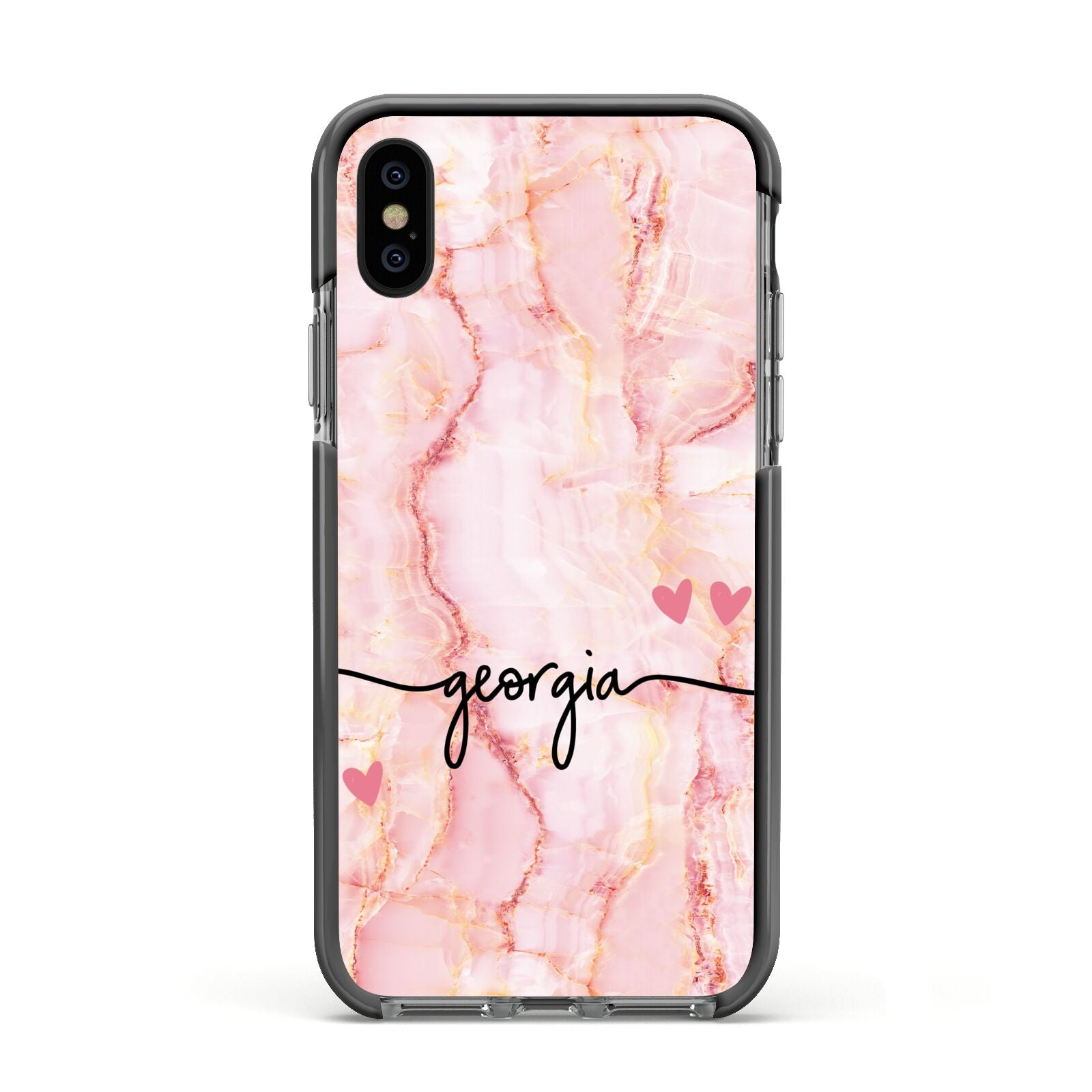 Personalised Pink Gold Agate Handwriting Text Apple iPhone Xs Impact Case Black Edge on Black Phone