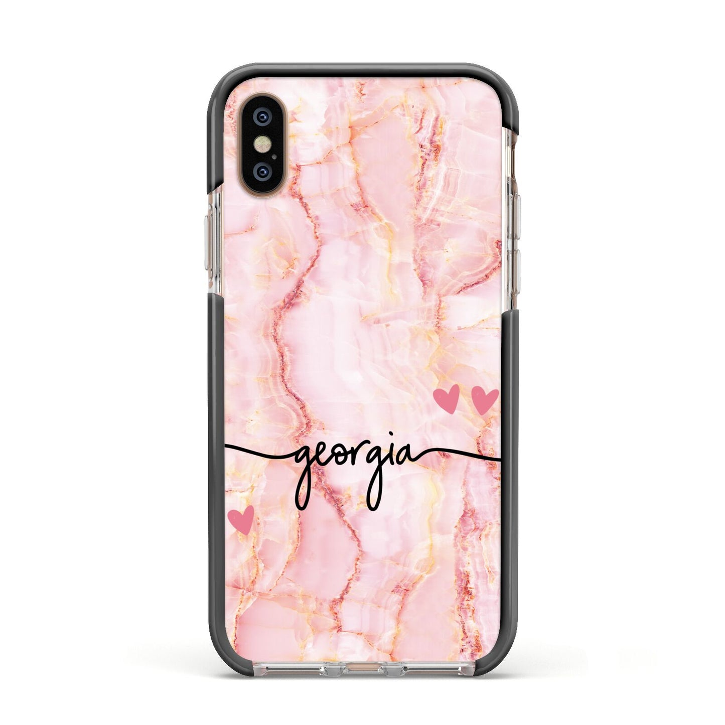Personalised Pink Gold Agate Handwriting Text Apple iPhone Xs Impact Case Black Edge on Gold Phone