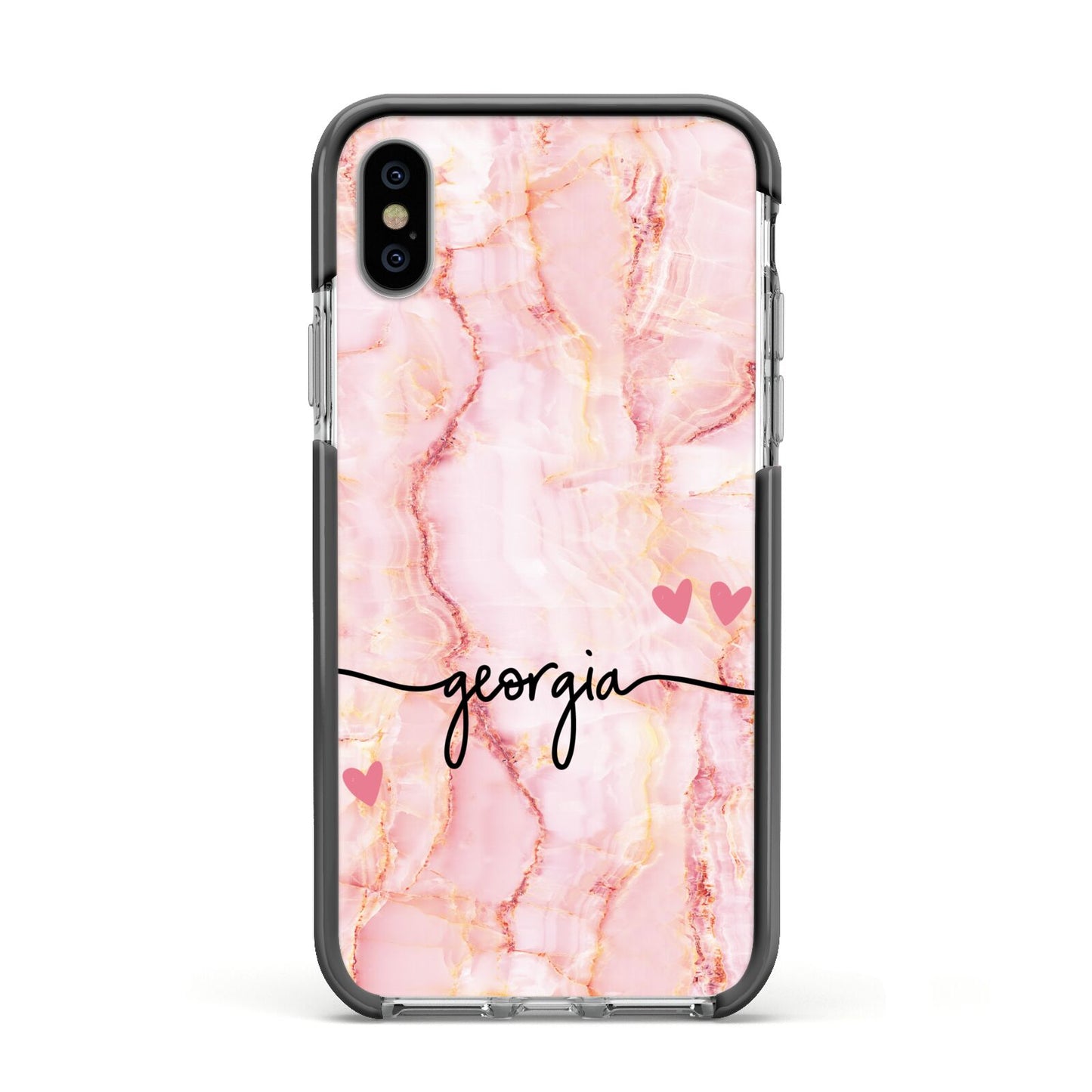 Personalised Pink Gold Agate Handwriting Text Apple iPhone Xs Impact Case Black Edge on Silver Phone