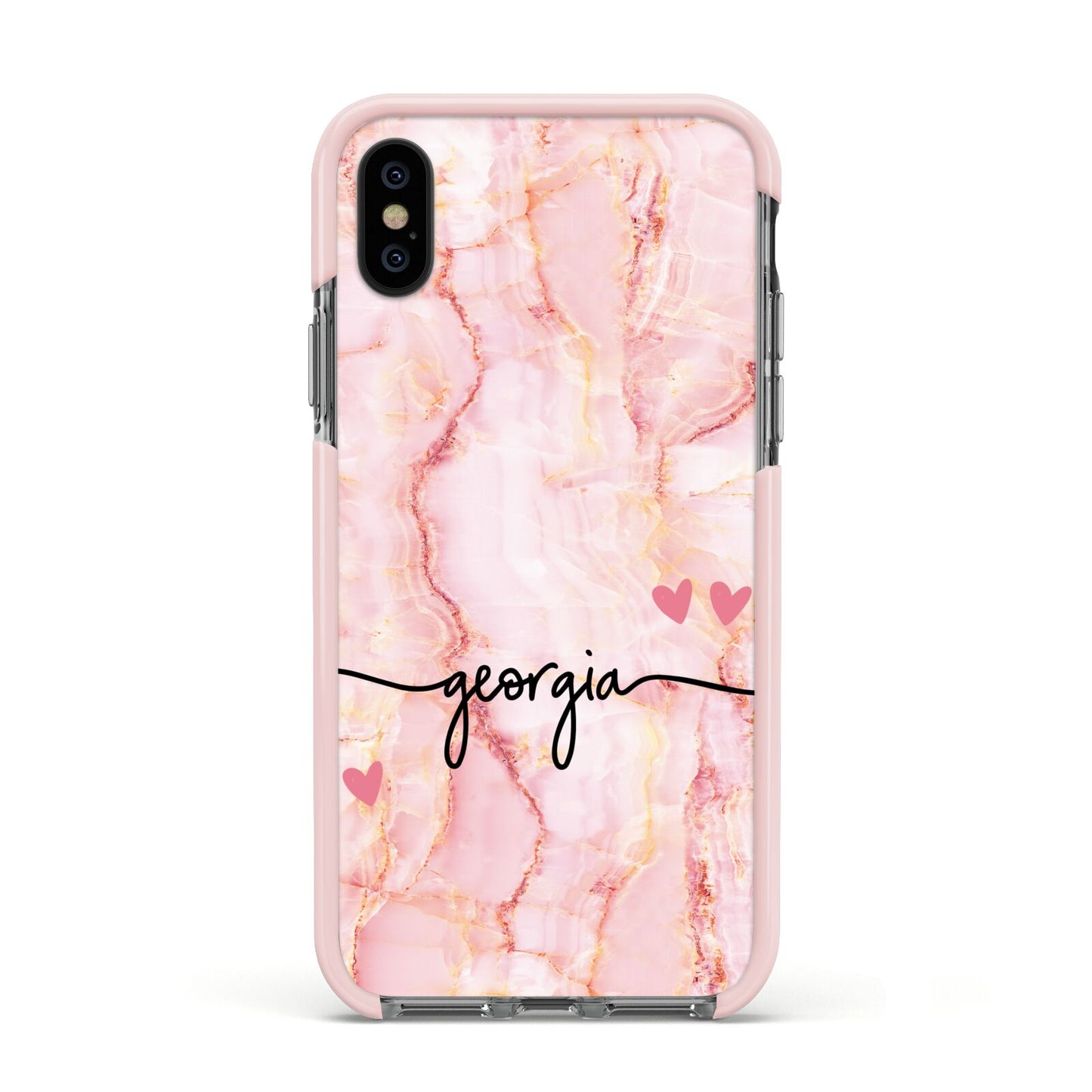 Personalised Pink Gold Agate Handwriting Text Apple iPhone Xs Impact Case Pink Edge on Black Phone