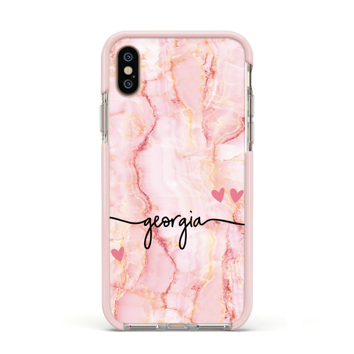Personalised Pink Gold Agate Handwriting Text Apple iPhone Xs Impact Case Pink Edge on Gold Phone
