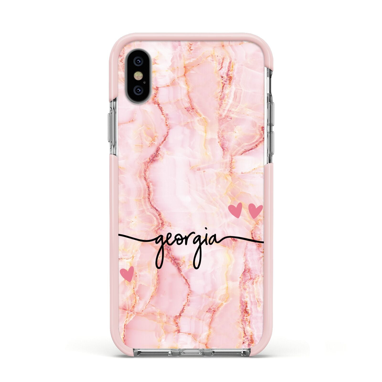 Personalised Pink Gold Agate Handwriting Text Apple iPhone Xs Impact Case Pink Edge on Silver Phone