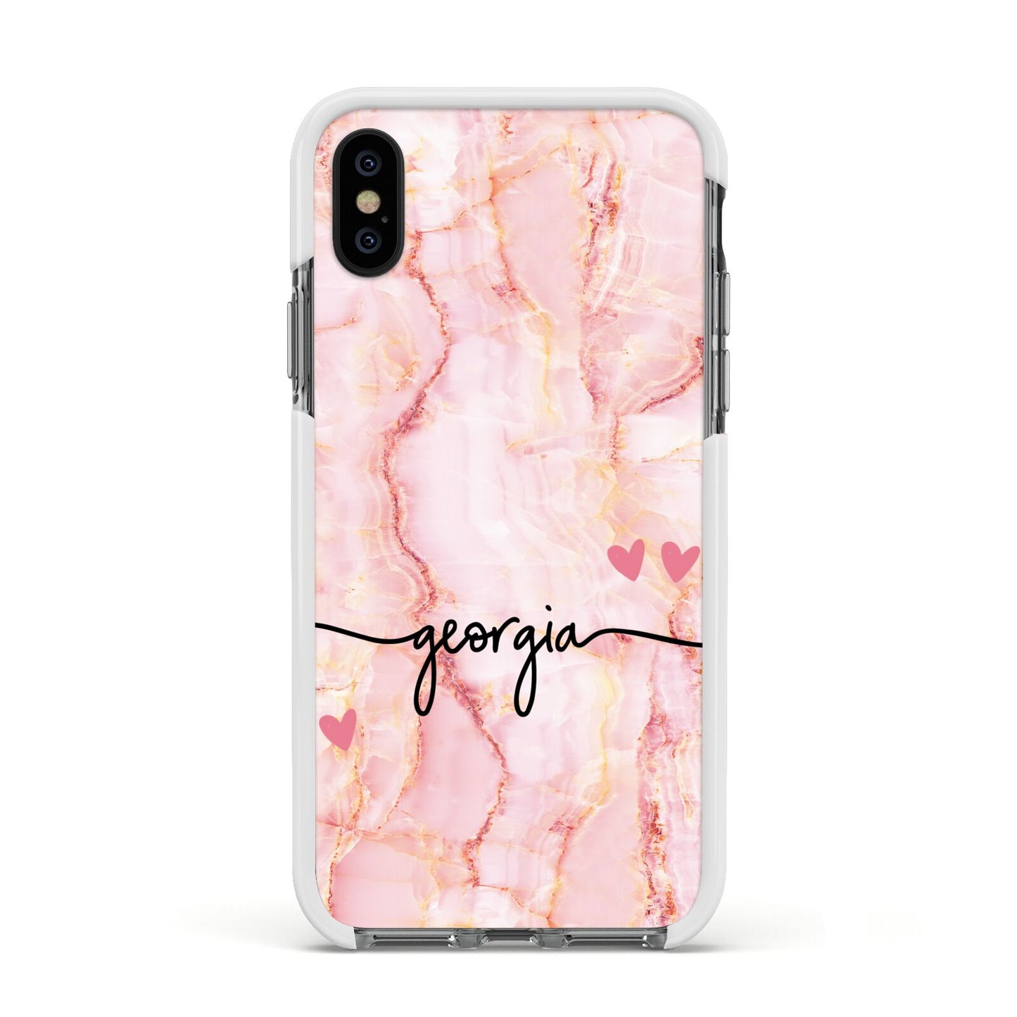 Personalised Pink Gold Agate Handwriting Text Apple iPhone Xs Impact Case White Edge on Black Phone