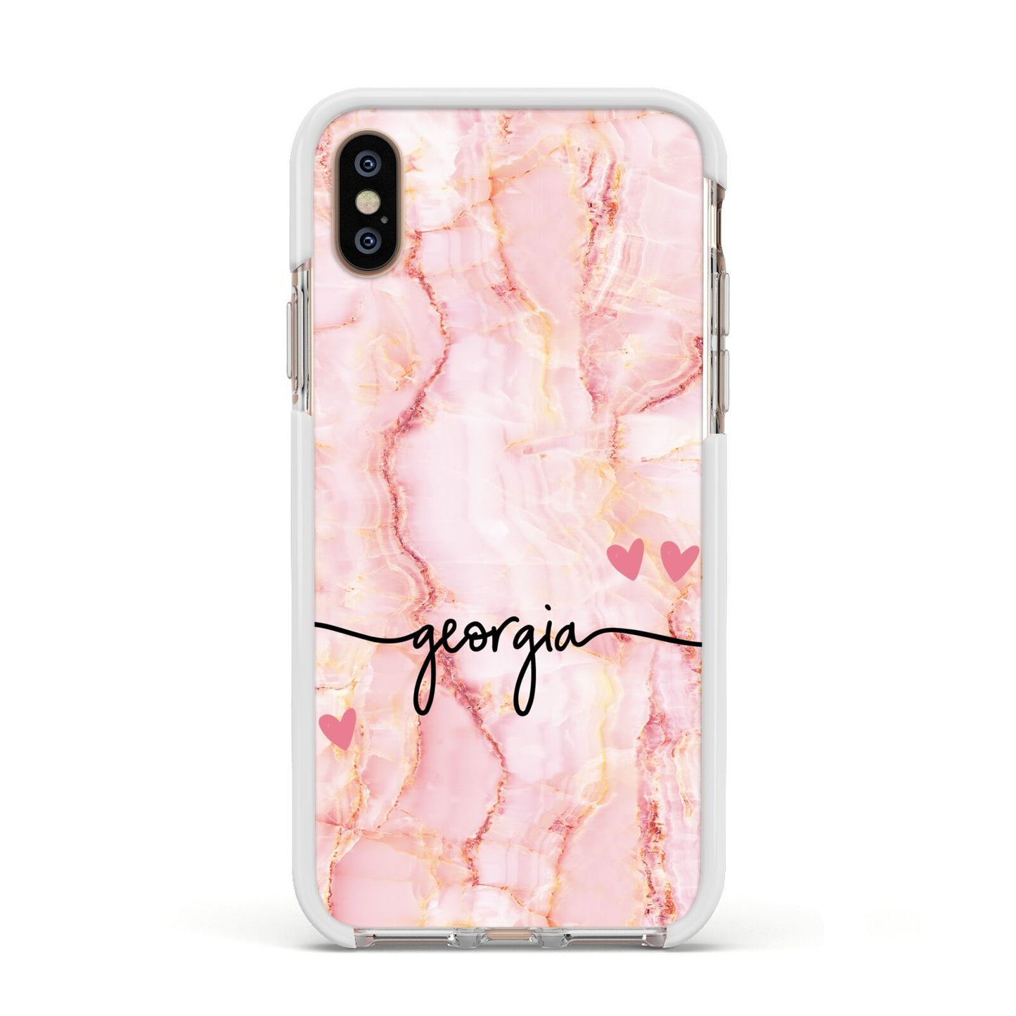 Personalised Pink Gold Agate Handwriting Text Apple iPhone Xs Impact Case White Edge on Gold Phone