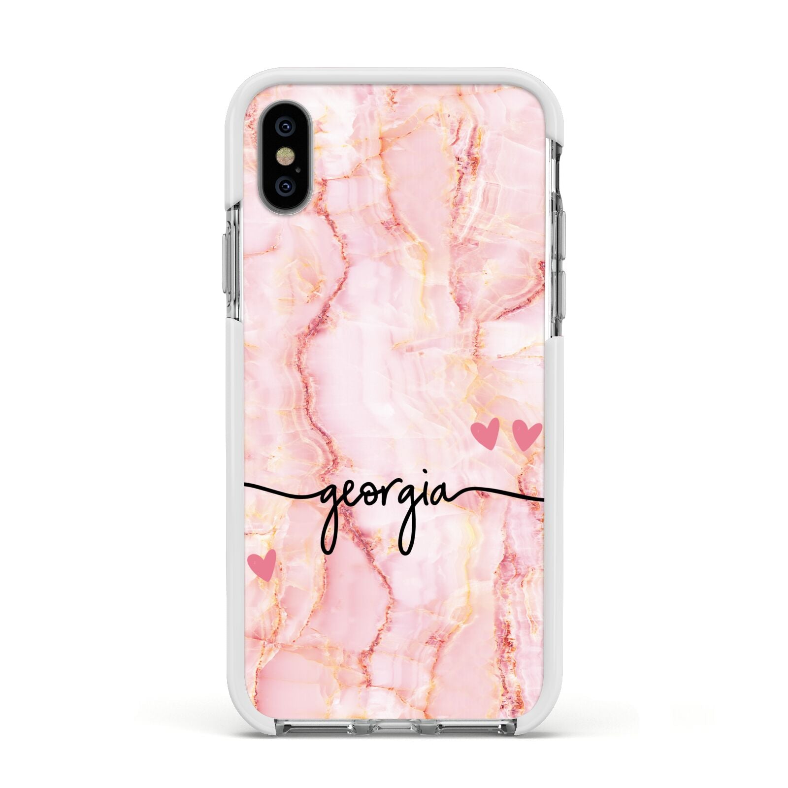 Personalised Pink Gold Agate Handwriting Text Apple iPhone Xs Impact Case White Edge on Silver Phone