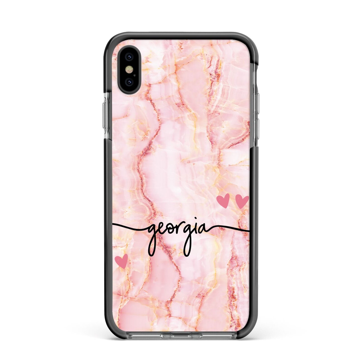 Personalised Pink Gold Agate Handwriting Text Apple iPhone Xs Max Impact Case Black Edge on Black Phone