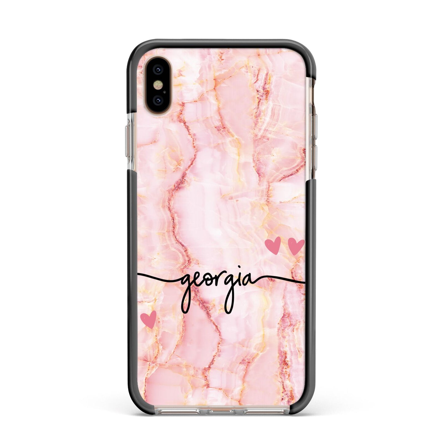 Personalised Pink Gold Agate Handwriting Text Apple iPhone Xs Max Impact Case Black Edge on Gold Phone