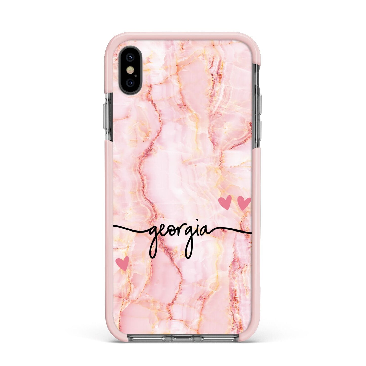 Personalised Pink Gold Agate Handwriting Text Apple iPhone Xs Max Impact Case Pink Edge on Black Phone