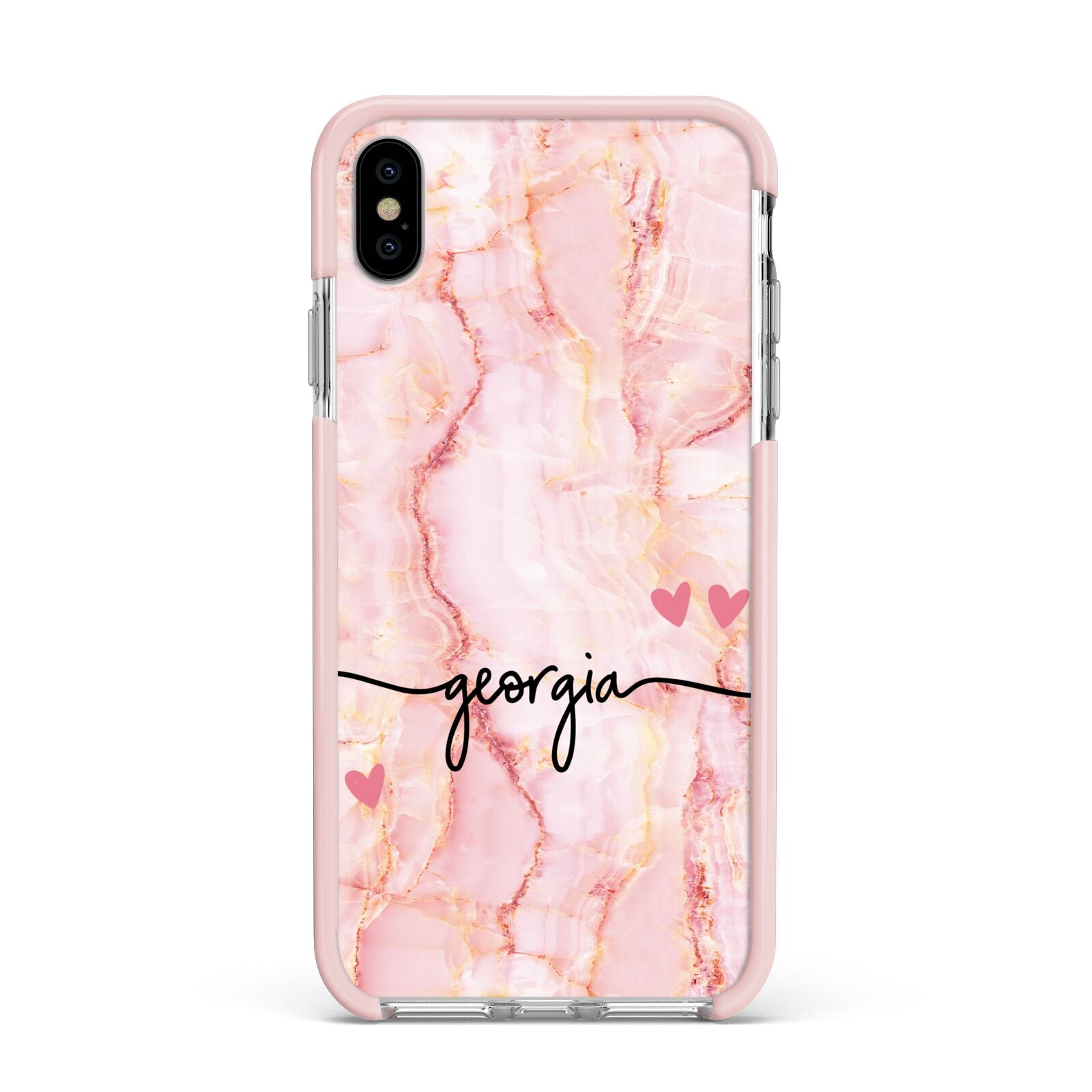 Personalised Pink Gold Agate Handwriting Text Apple iPhone Xs Max Impact Case Pink Edge on Silver Phone