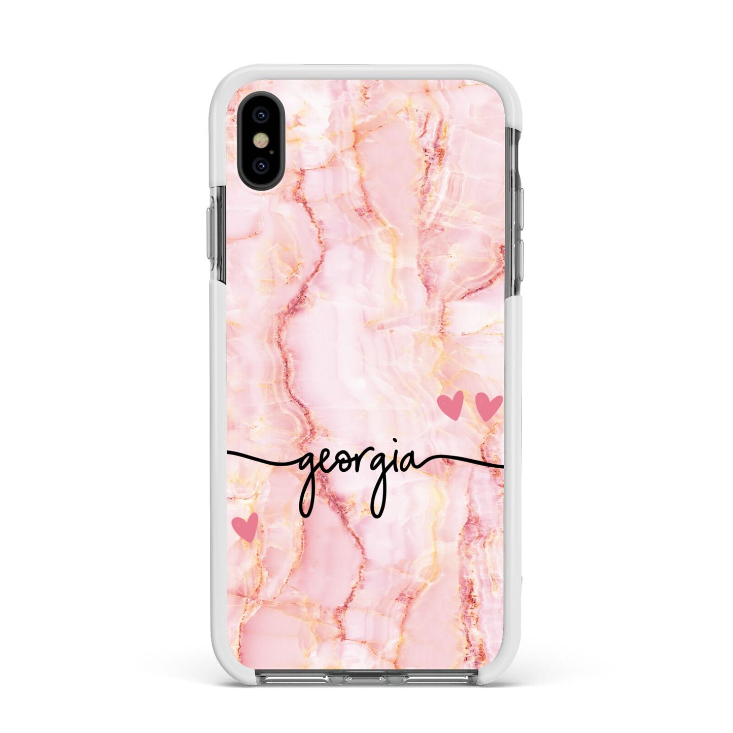 Personalised Pink Gold Agate Handwriting Text Apple iPhone Xs Max Impact Case White Edge on Black Phone