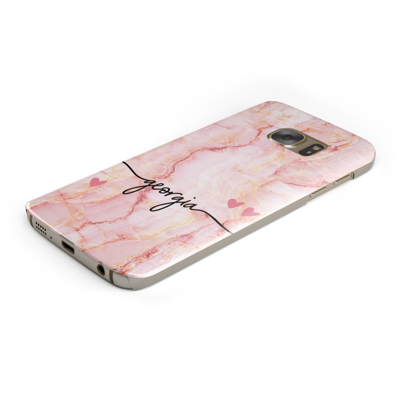 Personalised Pink Gold Agate Handwriting Text Protective Samsung Galaxy Case Angled Image