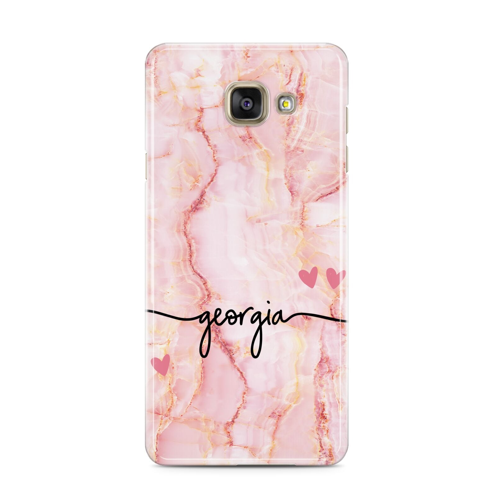 Personalised Pink Gold Agate Handwriting Text Samsung Galaxy A3 2016 Case on gold phone