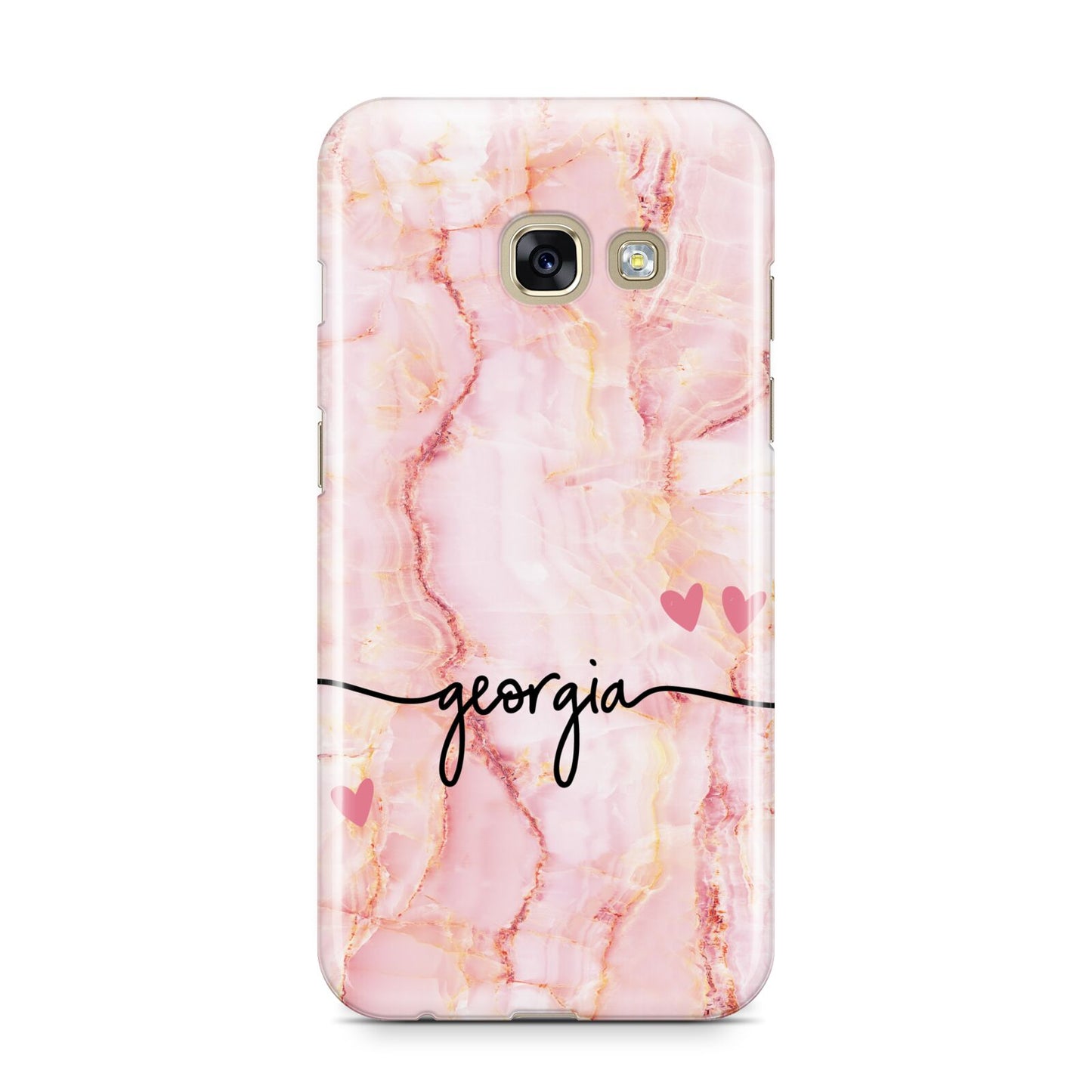 Personalised Pink Gold Agate Handwriting Text Samsung Galaxy A3 2017 Case on gold phone