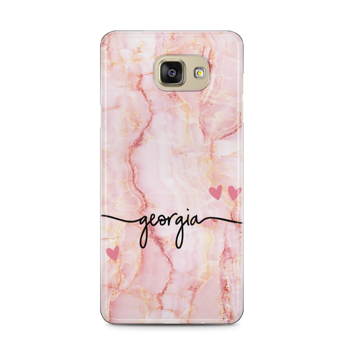 Personalised Pink Gold Agate Handwriting Text Samsung Galaxy A5 2016 Case on gold phone