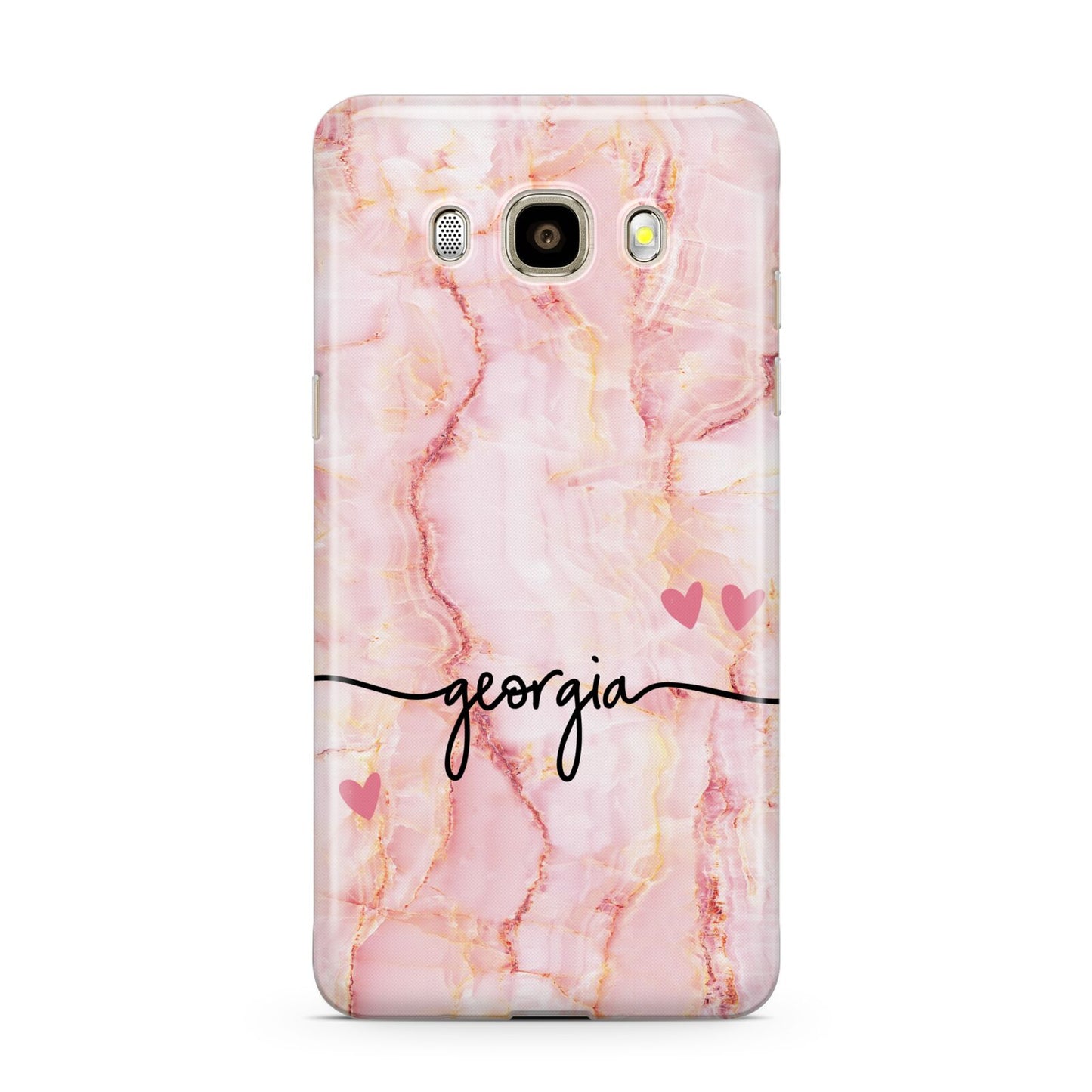 Personalised Pink Gold Agate Handwriting Text Samsung Galaxy J7 2016 Case on gold phone