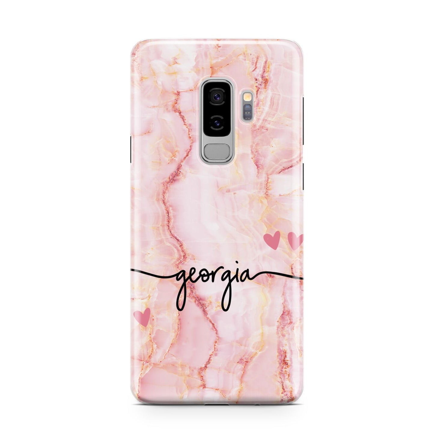 Personalised Pink Gold Agate Handwriting Text Samsung Galaxy S9 Plus Case on Silver phone