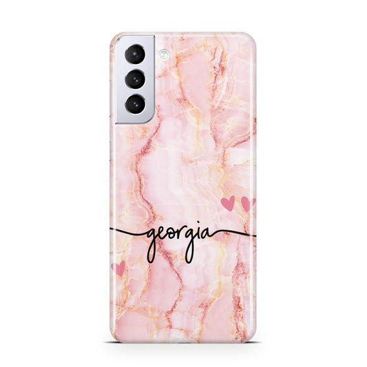 Personalised Pink Gold Agate Handwriting Text Samsung S21 Plus Phone Case