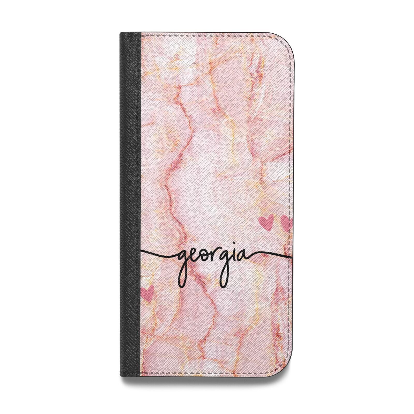 Personalised Pink Gold Agate Handwriting Text Vegan Leather Flip iPhone Case