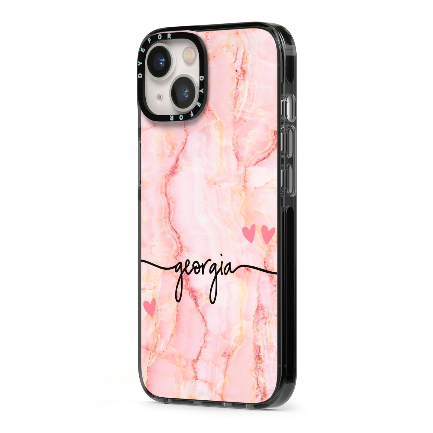 Personalised Pink Gold Agate Handwriting Text iPhone 13 Black Impact Case Side Angle on Silver phone